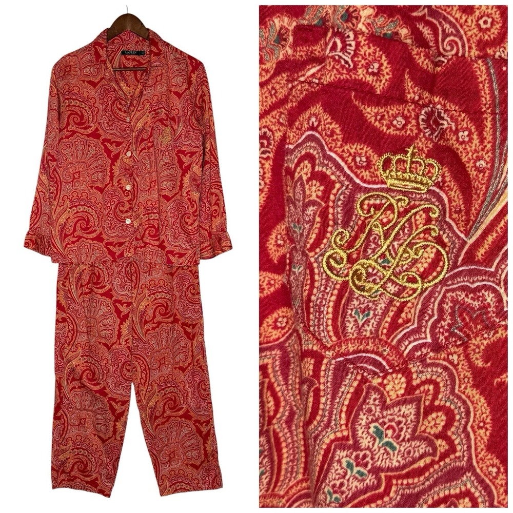 LRL Ralph Lauren Pajama Set Womens M Paisley Floral Old Money Comfort Cozy